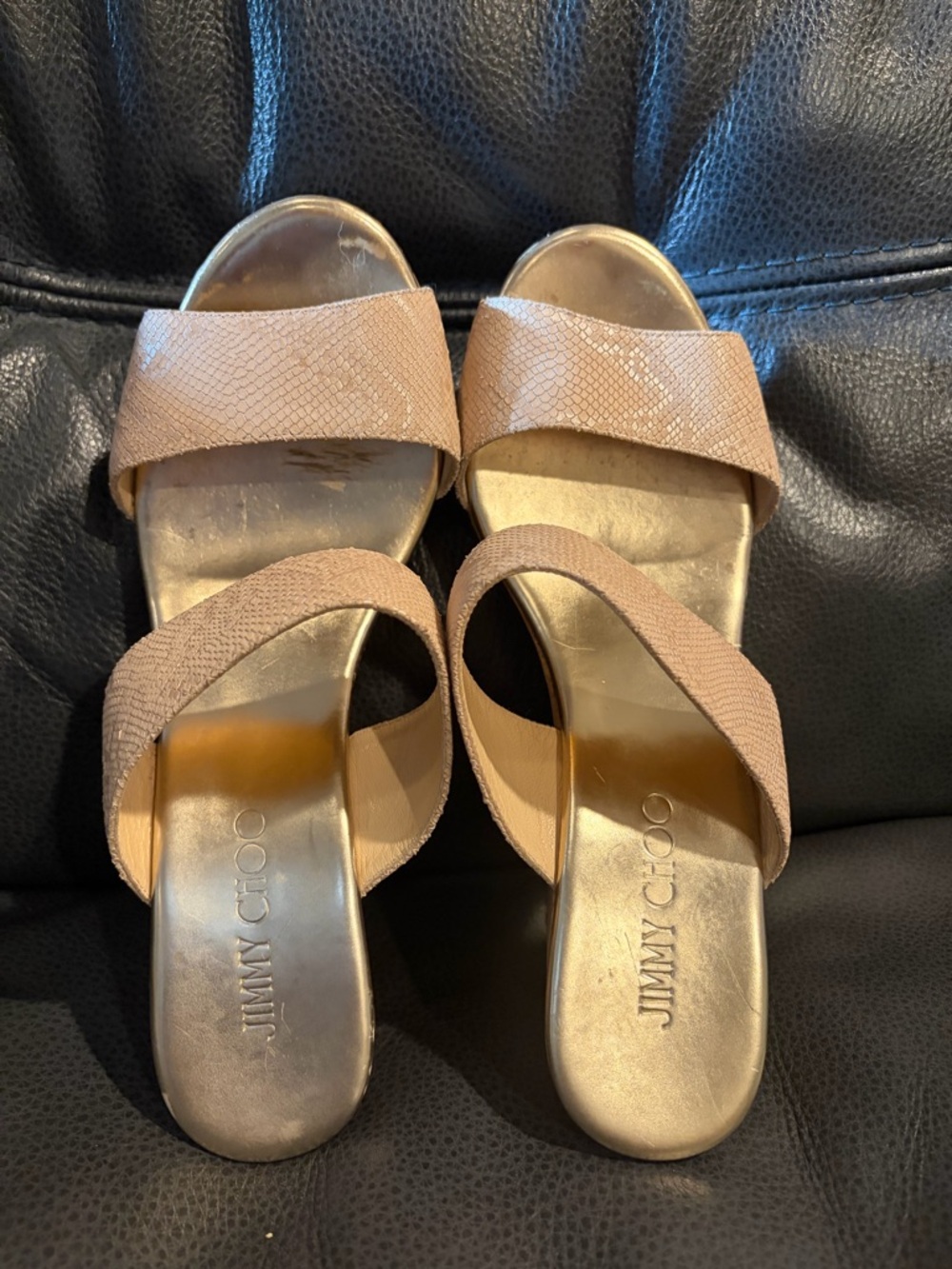 Jimmy Choo Beige Textured Leather Cork Wedge Slides - Picture 6 of 12